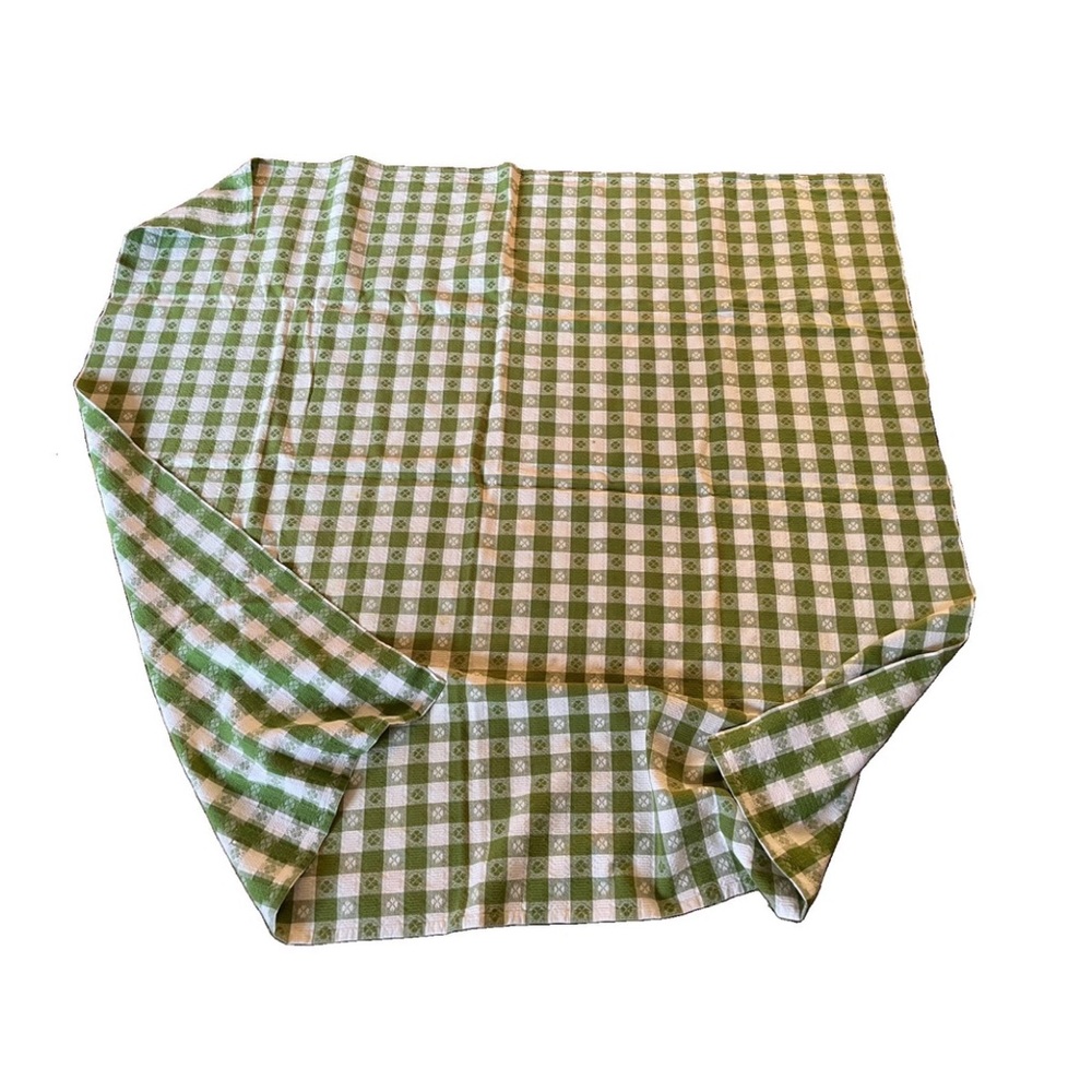 Vtg Green white gingham checkered checked 100% Cotton tablecloth